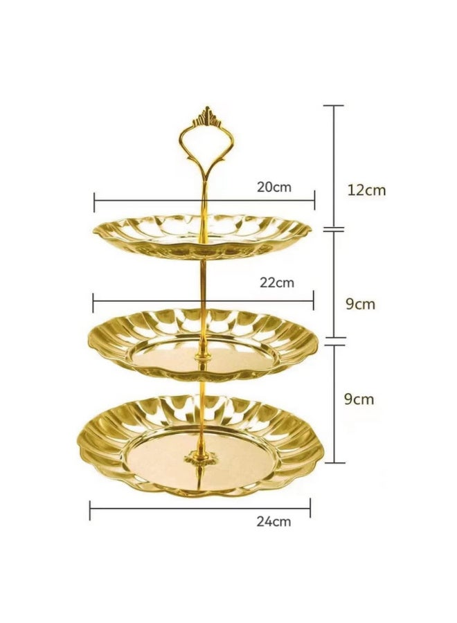 1PCS Three Tier Cake Stand and Fruit Plate Large Food Grade Stainless Steel Stand of Golden for Cakes Desserts Fruits Candy Buffet Stand Golden - Image 2
